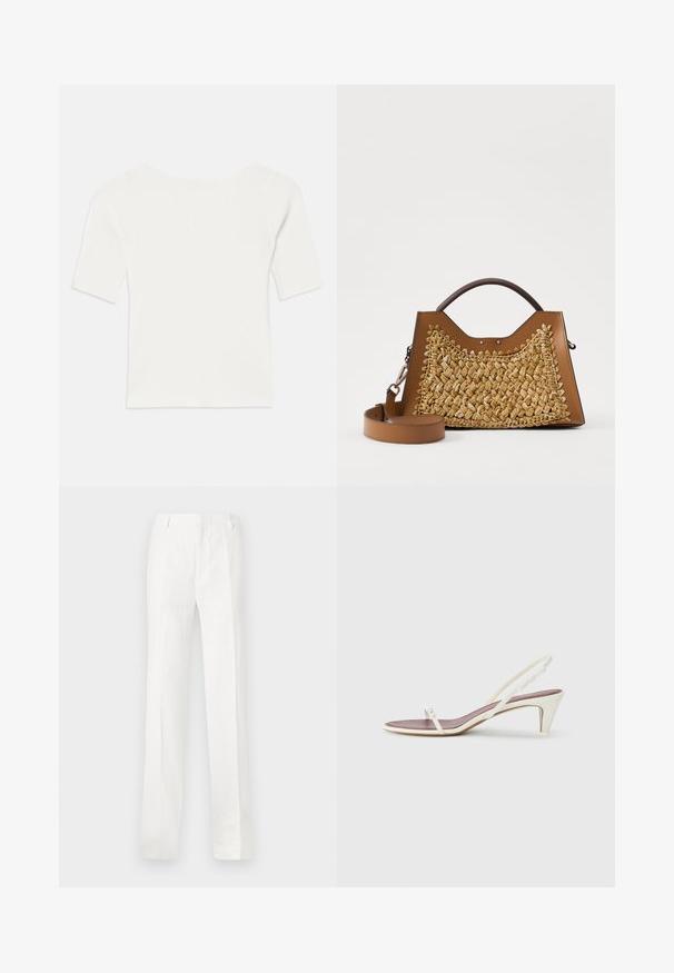 White ribbed short-sleeve top with a wide neckline. The texture features vertical stripes, emphasizing a snug fit and simple design.; White, straight-leg trousers made from a lightweight fabric. Features a flat front, belt loops, and no visible patterns or decorations.; White slingback sandals with a slight heel, thin straps, and a smooth leather texture; features a small decorative buckle.; Tan handbag with woven straw front, structured shape, dual top handles, and removable shoulder strap. Textured detailing along edges.