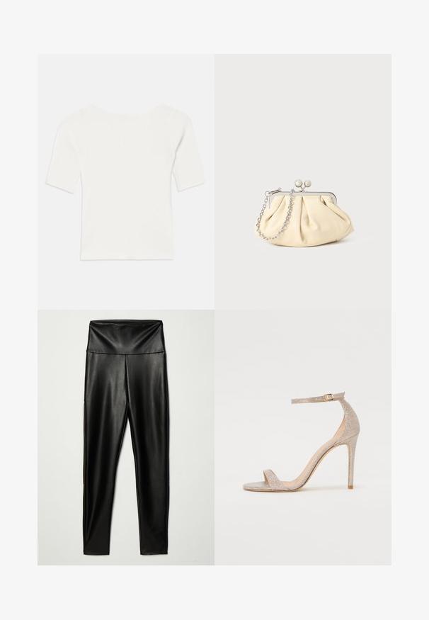 Bela rebrasta majica s kratkimi rokavi in širokim izrezom. Tekstura prikazuje navpične črte, kar poudarja tesno prileganje in preprost dizajn.; Črne legice iz umetnega usnja z visokim pasom, ki imajo gladko teksturo in prilegajoč silhueto, segajo do gležnjev.; Jarke visoke pete s trakovi v metalik rožnato zlato, z teksturiranim zgornjim delom, odprtim prstom in zaponko na gležnju v zlatem detajlu.; Zavihani bež usnjeni nahrbtnik s srebrnim kovinskim okvirom, ki ima dve okrogli okrasni zaponki in srebrno verižico.