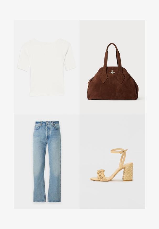 Valge sooniline lühikeste varrukatega topp laia kaelusega. Tekstuuril on vertikaalsed triibud, mis rõhutavad mugavat istuvust ja lihtsat disaini.; Heledad sinised teksad, mis on valmistatud denimist, sirge jala disainiga, kõrge vöökoht, vöölüngad ja klassikaline viie tasku stiil. Kangas on peene tuhmumisega.; Beez kõrge kontsaga sandaalid, millel on punutud tekstuur, dekoratiivne lilleke ja pahkluu rihm. Ruudukujuline konts tagab stabiilsuse.; Pruun nahast käekott, millel on struktureeritud kuju, ümar keha ja piklikud rombikujulised käepidemed. Varustatud hõbedase riistvaraga lukuga.