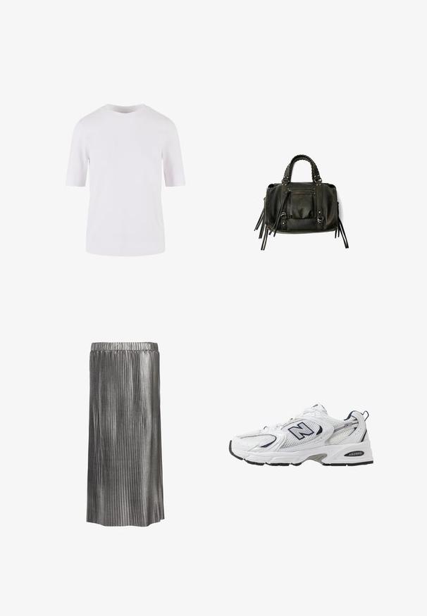 Weißes T-Shirt mit kurzen Ärmeln aus glattem Baumwollstoff. Es hat einen runden Halsausschnitt und einen geraden Schnitt, ohne Muster oder Verzierungen.; Metallisch plissierter Rock mit elastischem Taillenbund; zeichnet sich durch eine fließende Silhouette aus schimmerndem Silberstoff aus, der eine vertikale Textur präsentiert.; Weißer Sportschuh mit Mesh-Obermaterial, navyblauen Akzenten und gepolsterter Sohle. Verfügt über das "N"-Logo, Schnürsenkel und eine strukturierte Detailverarbeitung an der Seite.; Schwarze Lederhandtasche mit geflochtenen Griffen, Reißverschlussfach und hängenden Quasten. Strukturiert Oberfläche mit Metallnieten und Hardware-Akzenten.