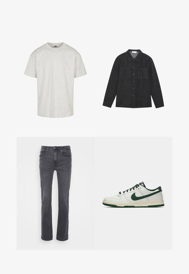 T-shirt di cotone grigio chiaro con maniche corte, scollatura rotonda e vestibilità comoda. Tessuto testurizzato con un sottile motivo melangiato.; Camicia grigio scuro realizzata in tessuto testurizzato, con colletto a punta, chiusura con bottoni e due tasche sul petto. Maniche lunghe con polsini abbottonati.; Jeans in denim grigio con un design a gamba dritta, dotati di tasche frontali e chiusura a bottone classica. Texture liscia con una leggera sbiaditura.; Sneaker bianco a bassa cima con swoosh Nike verde scuro, lacci e dettagli della suola, mostrato di profilo su uno sfondo bianco uniforme.