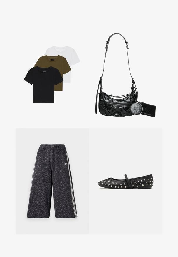 Trys apvalaus kaklo marškinėliai juodos, alyvuogių žalios ir baltos spalvų. Trumpomis rankovėmis, su raštuotais kaklo išpjovomis ir prigludusia forma.; Juodi džinsiniai kalarai su leopardų raštu, su baltais šonų juostelėmis ir mažuoju logotipu priekyje. Standartinė juosmens linija su mygtuko uždarymu.; Juodas odinis baleto batelis, puošiamas sidabrinėmis studelėmis. Apima dirželį per pėdos vidurį ir apvalią noselę.; Juodas sintetinis oda rankinukas su kreiviu dizainu, užtrauktuku užsegama priekinė kišenė ir dekoratyvine aparatūra bei nuimamu apvaliu monetų laikikliu.