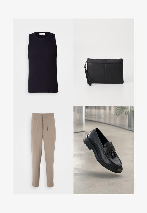 Black sleeveless tank top made of ribbed fabric, featuring a round neckline and a straight hem. Smooth texture with minimal detailing.; Light beige trousers with an elastic waistband, adjustable drawstring, and tapered legs. Fabric appears smooth with a slight sheen.; Black leather loafers with a smooth finish, decorative tassel, thick rubber sole, and stitched accents. Lightweight and sleek design.; Black synthetic clutch with a zip closure, wrist strap, and a smooth texture. Features subtle stitching and a logo embossed on the front.