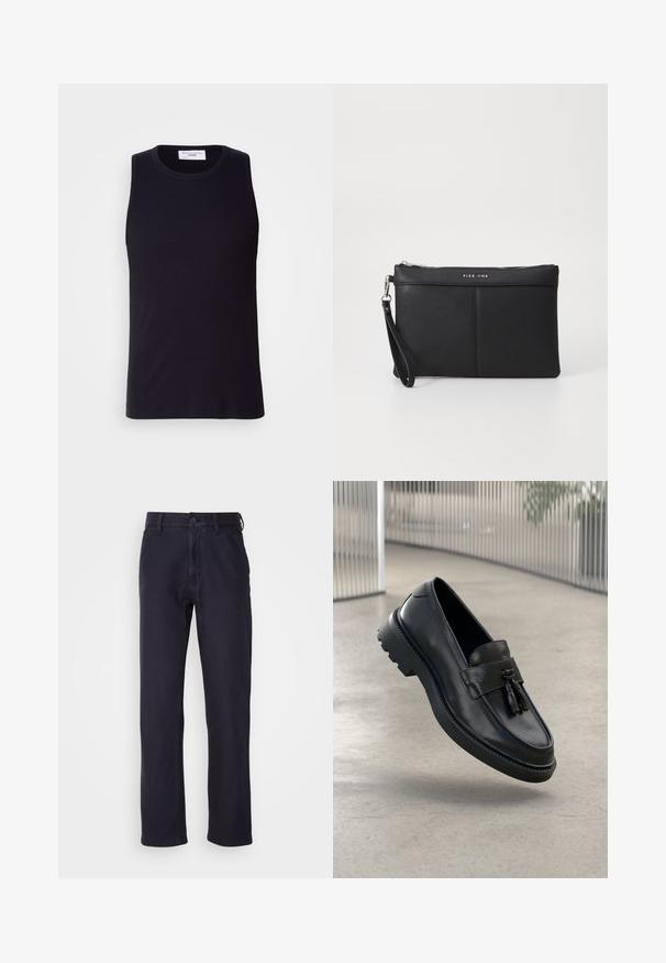 Melna bez piedurknēm apakškrekli, izgatavots no ribota auduma, ar apaļu kakla izgriezumu un taisnu apakšmalu. Gluda tekstūra ar minimālu dekorējumu.; Jūras spēku chinos no kokvilnas maisījuma auduma, ar pogu aizdari, taisnām kājām un minimāliem akcentiem, lai radītu klasisku izskatu.; Melnas ādas loaferi ar gludu apdari, dekoratīvu bārkstīm, biezu gumijas zolīti un izšūtām detaļām. Viegls un elegants dizains.; Melna sintētiska rokassoma ar rāvējslēdzēja aizdari, roku siksnu un gludu tekstūru. Iezīmējas ar smalku šūšanu un logo iespiestu priekšpusē.