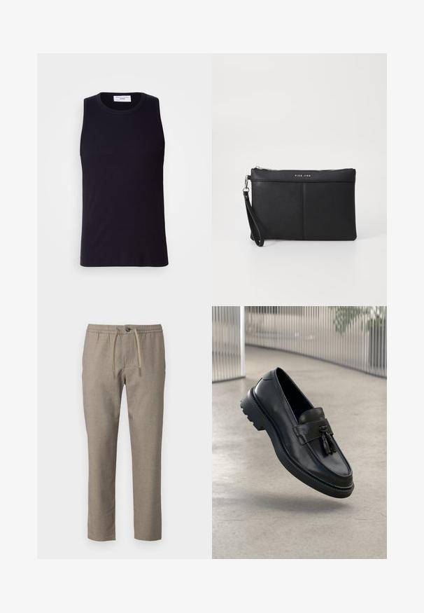 Svart ermeløs tanktopp laget av ribbet stoff, med rund halslinning og rett kant. Glatt tekstur med minimalt med detaljer.; Beige bukser med elastisk talje, snørelukning og lige ben. Materialet har en subtil struktur.; Svarte skinnloafers med jevn finish, dekorativ dusk, tykk gummisåle og syede detaljer. Lettvektig og elegant design.; Svart syntetisk clutch med glidelås, håndleddsrem og en glatt tekstur. Har subtil søm og et logo preget på forsiden.