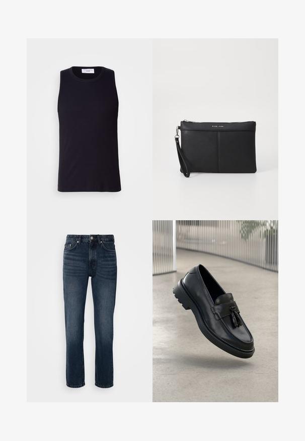 Top sin mangas negro hecho de tela acanalada, con escote redondo y dobladillo recto. Textura suave con detalles mínimos.; Vaqueros de mezclilla azul oscuro con corte recto, que cuentan con cinco bolsillos, un cierre de botón y cremallera, y un desvanecimiento sutil.; Mocasines negros de cuero con acabado liso, borla decorativa, suela gruesa de goma y detalles cosidos. Diseño ligero y elegante.; Clutch sintético negro con cierre de cremallera, asa para la muñeca y textura suave. Presenta costuras sutiles y un logo estampado en la parte frontal.