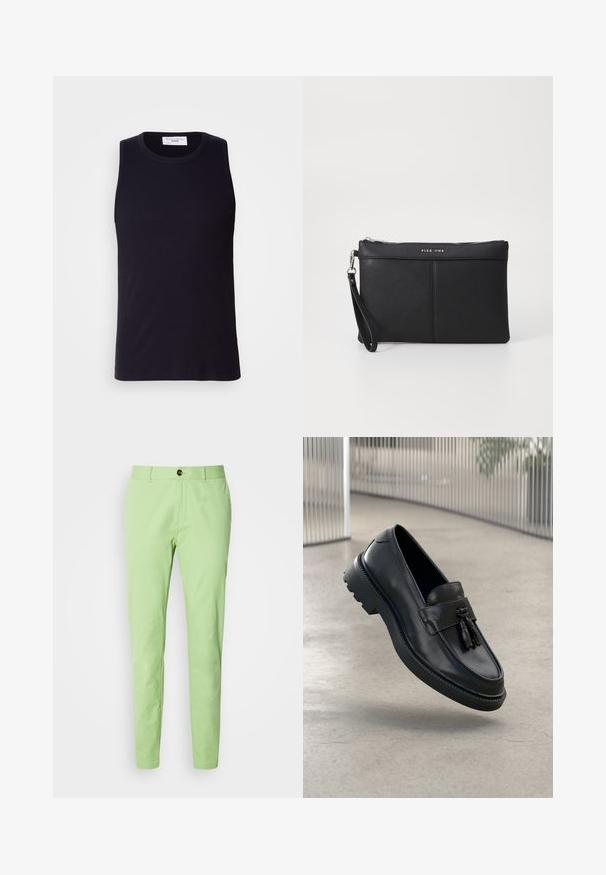 Débardeur sans manches noir en tissu côtelé, avec un col rond et un ourlet droit. Texture lisse avec un minimum de détails.; Pantalons en coton vert clair avec une coupe slim, présentant une fermeture à un bouton marron et des poches standard, texture lisse, sans motifs.; Mocassins en cuir noir à finition lisse, avec pompon décoratif, semelle en caoutchouc épaisse et détails cousus. Design léger et élégant.; Pochette synthétique noire avec fermeture éclair, anse pour le poignet et texture lisse. Présente des coutures discrètes et un logo embossé sur le devant.