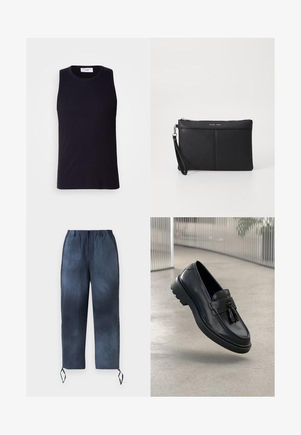 Svart ermeløs tanktopp laget av ribbet stoff, med rund halslinning og rett kant. Glatt tekstur med minimalt med detaljer.; Mørkeblå joggebukser med snor i livet, elastisk linning, to sidelommer og ankelbånd, vist mot en hvit bakgrunn.; Svarte skinnloafers med jevn finish, dekorativ dusk, tykk gummisåle og syede detaljer. Lettvektig og elegant design.; Svart syntetisk clutch med glidelås, håndleddsrem og en glatt tekstur. Har subtil søm og et logo preget på forsiden.
