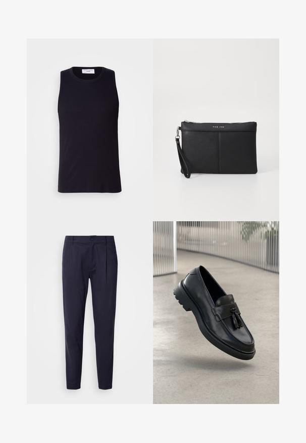 Fekete ujjatlan trikó bordás anyagból, kerek nyakkivágással és egyenes aljjal. Simaság jellemzi, minimális részletezéssel.; Sötétkék nadrág sima anyagból, egyenes szárú fazonnal, elől redőzött, gombos záródással és övbújtatókkal.; Fekete bőrből készült mokaszinok sima felülettel, díszes bojttal, vastag gumitalppal és varrott részletekkel. Könnyű és elegáns kialakítás.; Fekete szintetikus pénztárca cipzárral, csuklópánttal és sima felülettel. Finom varrás és a logó dombornyomott a fronton.