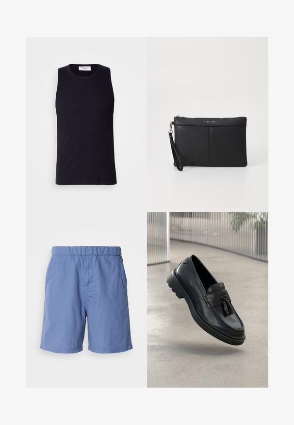 Musta hihaton t-paita ribbikankaasta, joka on varustettu pyöreällä pääntiellä ja suoralla helman leikkauksella. Sujuva pinta, jossa on minimaalinen yksityiskohtaisuus.; Siniset, kevyet shortsit, joissa on joustava vyötärö, tasainen etuosa ja sivutaskut. Valmistettu pehmeästä ja hengittävästä kankaasta, sopii lämpimille säille.; Mustat nahkaiset loafersit, joissa on sileä pinta, koristeellinen hapsu, paksu kumipohja ja ommellut yksityiskohdat. Kevyt ja virtaviivainen muotoilu.; Mustat synteettiset hihnataskut, joissa on vetoketjukiinnitys, ranneunos ja sileä pinta. Sisältää hienovaraisia ompeleita ja kohokuvioidun logon etupuolella.