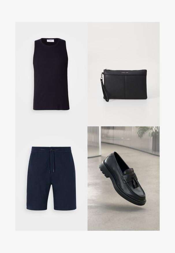 Sort ærmeløs tanktop lavet af ribbet stof, med en rund halsudskæring og en lige kant. Glat tekstur med minimal detaljering.; Mørkeblå shorts lavet af blødt stof, med elastisk talje og snor, sidelommer og lige ben.; Sorte læderloafer med glat finish, dekorativ kvast, tyk gummisål og syede detaljer. Let og elegant design.; Sort syntetisk clutch med lynlåslukning, håndledsrem og en glat overflade. Har diskret syninger og et præg af logoet på fronten.