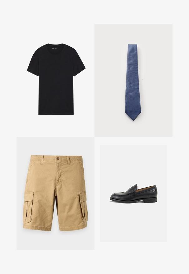 T-shirt en coton noir à manches courtes et col rond. Le tissu a une texture lisse et un design simple et uni.; Shorts cargo beiges en coton léger, dotés de deux grandes poches latérales, d'une fermeture à bouton et de passants de ceinture. Texture douce.; Mocassins en cuir noir avec une finition lisse, bout rond et coutures décoratives sur la tige. Talon bas empilé et léger brillant.; Cravate bleue à rayures présentant un motif diagonal, faite d'un tissu lisse avec une extrémité pointue. Les rayures alternent dans une teinte légèrement plus foncée.