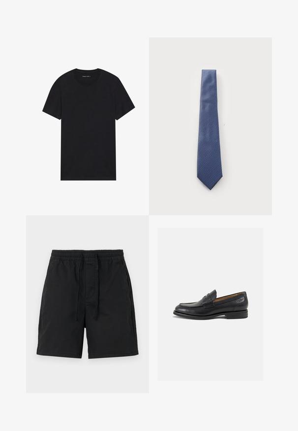 Black cotton t-shirt with short sleeves and a round neckline. The fabric has a smooth texture and a simple, solid design.; Black shorts with an elastic waistband and drawstring. Made from lightweight fabric with side pockets and a simple, classic design.; Black leather loafers with a smooth finish, rounded toe, and decorative stitching on the vamp. Low stacked heel and slight shine.; Blue striped tie featuring a diagonal pattern, made of smooth fabric with a pointed end. The stripes alternate in a slightly darker hue.