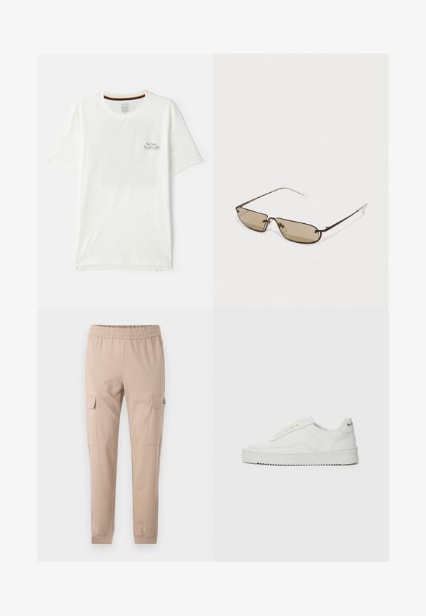 Bijela pamučna majica kratkih rukava, s malim crnim otisnutim logom na prsima i obojenom prugom unutar izreza.; Bež cargo hlače s elastičnom pasicom, dva bočna džepa i rebrastim manžetama. Izrađene od mekog, laganog materijala.; Bijele kožne tenisice s glatkom površinom, okruglim vrhom, ravnim vezicama i teksturiranom potplatom. Imaju suptilan logo na peti.; Smeđe metalne pravokutne naočale sa smeškim zatamnjenim lećama i tankim, prozirnim vrhovima ručki, koje karakterizira minimalistički dizajn i suptilno brendiranje.
