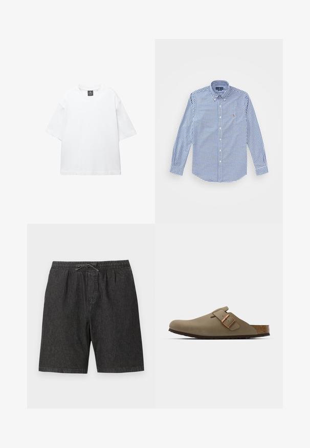 Biely krátky rukáv tričko vyrobené z bavlny, s okrúhlym výstrihom a voľným strihom so rovnomerným lemovaním. Bez vzorov alebo ozdôb.; Dlhá modro-biela kockovaná košeľa s golierom na gombíky a malým vyšitým logom na hrudi. Bavlnený materiál.; Čierne deninové šortky s elastickým pásom a nastaviteľnou šnúrkou. Obsahujú bočné vrecká a voľný, uvoľnený strih.; Hnedé dreváky s hladkým, matným povrchom. Majú výrazná bronzová spona na boku. Korková stielka a gumová podošva pre pohodlie.
