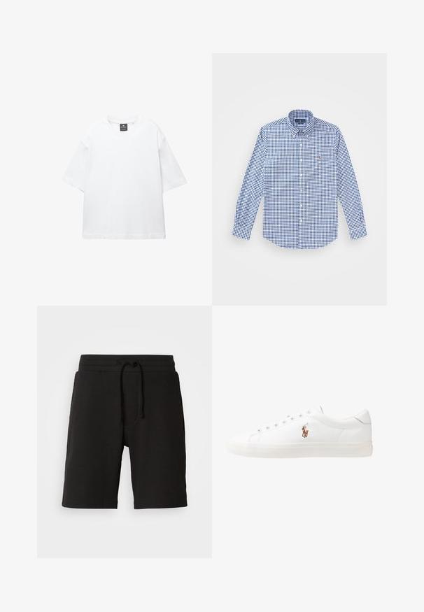 Bijela majica kratkih rukava od pamuka, s okruglim izrezom i opuštenim krojem sa ravnim rubom. Bez uzoraka ili ukrasa.; Plava i bijela karirana košulja dugih rukava s ovratnikom na gumbe i malim izvezenim logotipom na prsima. Pamuk.; Crne pletene kratke hlače s teksturiranim materijalom, elastičnim pojasom, podesivom uže i bočnim džepovima. Duljina hlača završava iznad koljena.; Bijele kožne tenisice, niskog kroja, s glatkom teksturom, okruglim vrhom, vezanjem sprijeda i malim izvezenim logom sa strane.