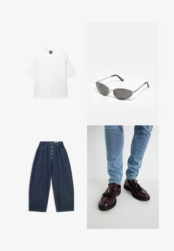 T-shirt blanc à manches courtes en coton, avec un col rond et une coupe décontractée àOurlet droit. Sans motifs ni embellissements.; Veste en denim bleu foncé, courte, avec un col pointu, deux poches avant et une fermeture à boutons argentés. Présente des détails de couture visibles.; Pantalons en denim bleu foncé à jambes larges avec une taille haute, fermeture à cinq boutons et cinq poches. Présente des accents de couture sur les coutures.; Mocassins en cuir bourgogne avec pompons et dessus texturé, associés à un jean en denim bleu clair. Semelle en caoutchouc noir visible.; Lunettes de soleil avec une monture en métal argenté élégant, des verres teintés gris et un design aérodynamique avec des bords pointus et des branches fines.