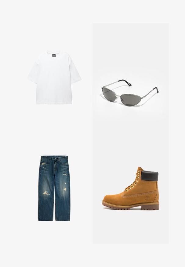 Bela majica s kratkimi rokavi iz bombaža, z okroglo ovratnikom in sproščenim krojem ter ravnim robom. Brez vzorcev ali okrasnih elementov.; Modre jeans z ohlapnim krojem, z luščenimi prešji, lahkoto zbledelimi in gumbom na pasu.; Svetlo rjave anklne čizme iz semiša z črnim oblazinjenim ovratnikom, zlatimi kovinskimi očesci, belimi šivi in robustnim gumijastim podplatom s izrazitimi tredi.; Sončna očala z elegantnim srebrnim kovinskim okvirjem, sivi zasenčeni leči in aerodinamičnim oblikovanjem, ki vključuje ostri robovi in tanke ročke.