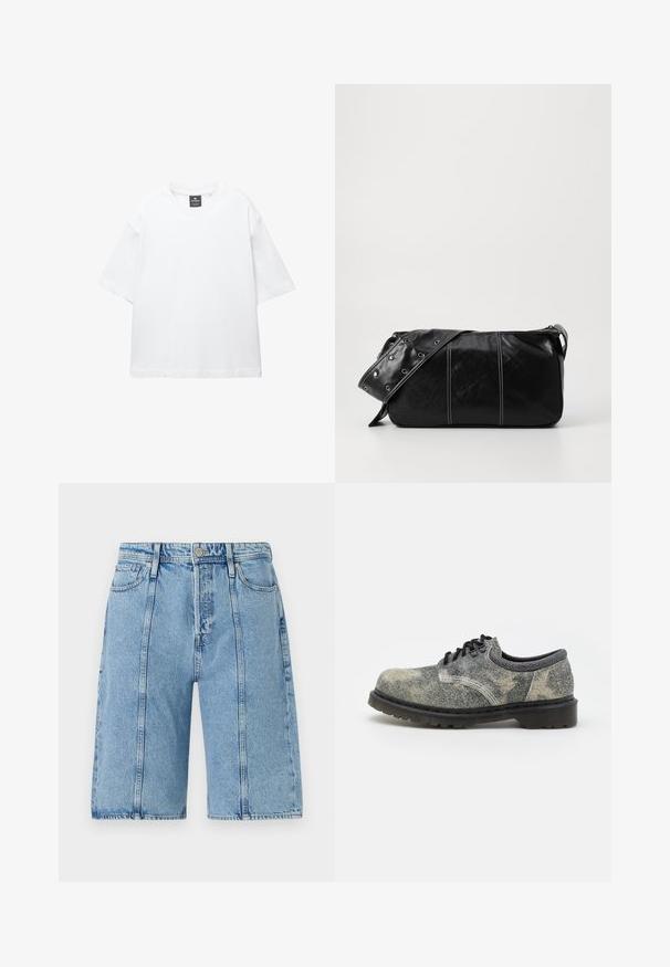 Valkoinen lyhythihainen T-paita, joka on valmistettu puuvillasta. Paita on pyöreäkauluksinen, väljästi leikattu ja suorahelmainen. Ei kuvioita eikä koristeita.; Vaaleansiniset farkkushortsit, joissa on suora leikkaus, viisi taskua ja hillitty kuluminen sekä metallinappuloita ja ominaisviimeistelyä.; Valkava kengät, jotka on valmistettu teksturoidusta harmaasta kankaasta mustilla yksityiskohdilla, paksu kumipohja ja valkoiset ompeluyksityiskohdat. Pyöreä kärkipohjan muoto.; Mustakulmainen nahkainen olkalaukku, jossa on vetoketjukiinnitys, teksturoitu pinta, valkoiset ompeleet ja hihna, jossa on hopeiset niitit.