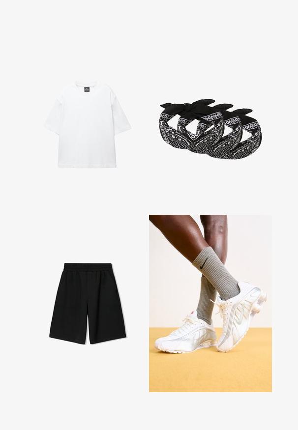 Fehér, rövid ujjú póló, pamutból készült, kerek nyakkivágással és laza, egyenes szabással. Nincsenek minták vagy díszítések.; Fekete pamut rövidnadrág rugalmas derékkal, oldalsó zsebekkel és laza szabással, sima textura és egyenes szegéssel.; Fehér Nike sportcipők ezüst díszítésekkel, textúrázott panelek és perforációk jellemzik őket. Szürke bordás zoknikkal viselve, sárga háttér előtt.; Fekete-fehér bandanák, amelyek paisley mintával készültek, könnyű szövetből, megkötős végekkel az állítható stílus érdekében.