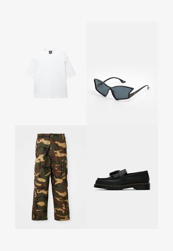 Fehér, rövid ujjú póló, pamutból készült, kerek nyakkivágással és laza, egyenes szabással. Nincsenek minták vagy díszítések.; Zöld, barna és bézs álcázó cargo nadrág. Két nagy oldalzsebbel és gombos záródással rendelkezik. Textúrált anyagból készült.; Fekete bőr lófarok cipő, bojttal, sárga varrással a talp mentén, és vastag, bordás gumitalppal.; Fekete műanyag napszemüveg, geometrikus macskaszem formával, szürke lencsékkel és arany díszítéssel a szárakon. Az egész keret sima tapintású.