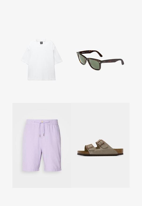 Hvid kortærmet T-shirt lavet af bomuld, med rund halsudskæring og løs pasform med lige kant. Ingen mønstre eller udsmykninger.; Lyslilla linnedragt med elastisk talje, snøre lukning og to sidelommer. Har en afslappet pasform og afsluttede cuffs.; Suedesandal i lys grå med to justerbare spænder, en kork mellemsål og en tekstureret gummiydersål.; Wayfarer-solbriller med mørk skildpaddeplastikramme, grønne linser og sølvfarvet Ray-Ban-logo på stængerne.