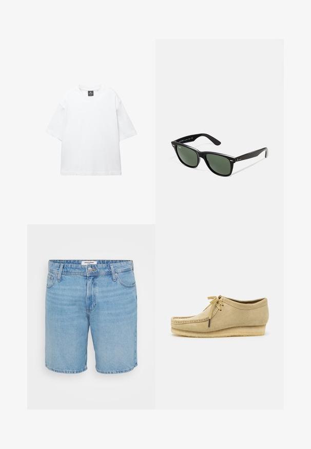 Vit kortärmad t-shirt i bomull, med rund halsringning och avslappnad passform med rak nederkant. Inga mönster eller dekorationer.; Ljusblå denimshorts med klassisk passform, som har fem fickor, knäppning med knapp och subtila urtvättningar. Slät textur, sydda fållar.; Beige mockaskinnssko med snörning, sydda detaljer och gummisula. Formen är avslappnad med en lätt kilklack.; Svarta plastsolglasögon med gröna linser, fyrkantiga bågar, silverdetalj på ögonbrynet och texturerade skalmar. Angiven märkning på den inre skalmen.