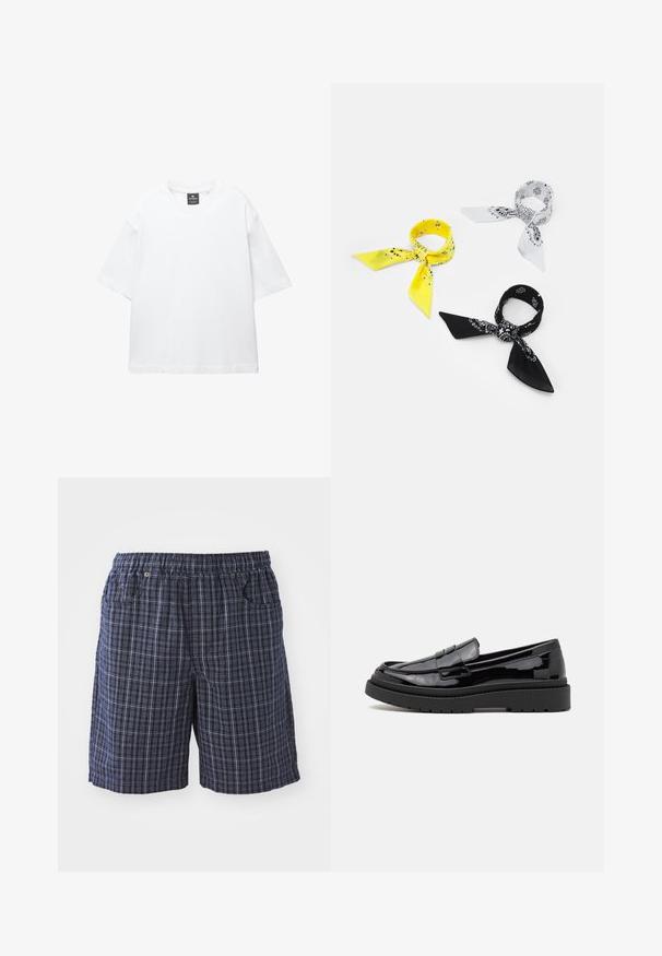 Tricou alb cu mânecă scurtă, confecționat din bumbac, având un decolteu rotund și o croială lejeră cu tiv drept. Fără modele sau broderii.; Pantaloni scurți în carouri bleumarin cu un talie elastică, dotati cu buzunare și o croială lejeră. Confectionați dintr-un material ușor cu un design în carouri.; Loafers din piele patent neagră cu vârful rotunjit, o curea decorativă și o talpă groasă din cauciuc negru. Textură netedă și lucioasă, cu cusături minime.; Trei batiste: una galbenă cu motive negre, una albă cu desene negre și una neagră cu grafică albă. Toate sunt pătrate, dintr-un material ușor.; Set de cinci inele metalice de lățimi variate, având finisaje netede, lustruite și periate; culorile variază de la argintiu strălucitor la mat.