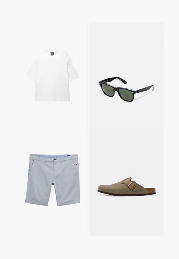 Bílý krátký rukáv tričko vyrobené z bavlny, s kulatým výstřihem a volným střihem se rovním lemem. Bez vzorů nebo zdobení.; Šedé tkané šortky s texturovaným vzorem. Obsahují poutka na pásek, dvě přední kapsy a malou boční kapsu. Klasický střih.; Hnědé dřeváky s hladkým matným povrchem. Na boku mají výraznou bronzovou sponu. Korek a gumová podrážka pro pohodlí.; Černé plastové sluneční brýle se zelenými skly, čtvercové obroučky, stříbrný detail na obočí a texturované stranice. Značka uvedená na vnitřní straně stranic.