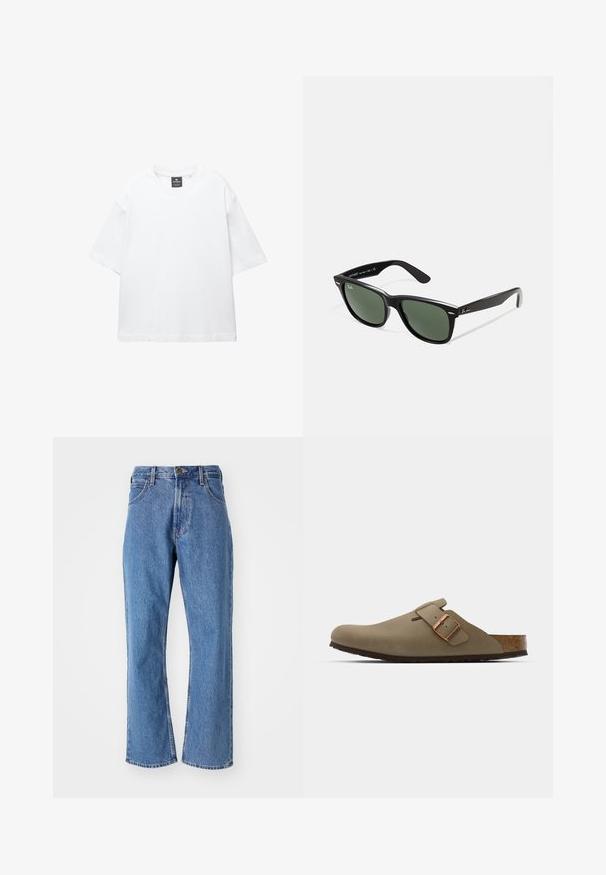 Witte t-shirt met korte mouwen van katoen, met een ronde hals en een relaxte fit met rechte zoom. Geen patronen of versieringen.; Blauwe high-waisted straight-leg jeans met frontzakken, riemlussen en een knoopsluiting op een witte achtergrond.; Bruine klompen met een gladde, matte afwerking. Beschikt over een opvallende bronzen gesp aan de zijkant. Korken voetbed en rubberen buitenzool voor comfort.; Zwarte plastic zonnebril met groene lenzen, vierkante montuur, zilveren accent op de wenkbrauw en een gestructureerde tempel. Merken vermeld op de binnenkant van de arm.
