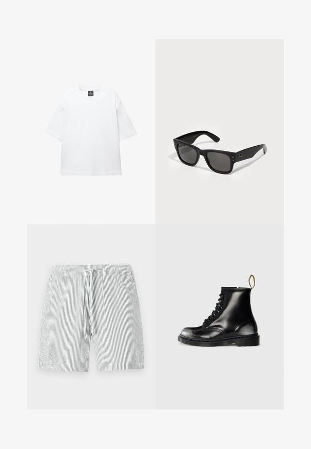White short-sleeve t-shirt made of cotton, featuring a round neckline and relaxed fit with straight hem. No patterns or embellishments.; Striped swim shorts in gray and white, featuring a drawstring waistband, mid-length design, and soft, lightweight material.; Black leather ankle boots with a shiny finish, eight eyelets, black laces, and a pull tab. Features a textured treaded sole.; Black sunglasses with a square frame, featuring dark lenses. Accented with small gold dots and a gold logo on the temple. Smooth texture.