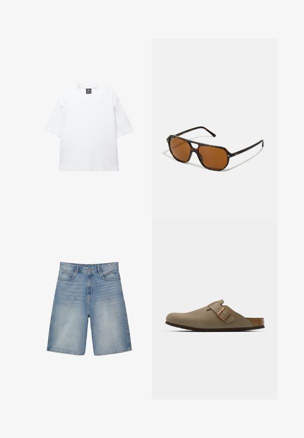 Fehér, rövid ujjú póló, pamutból készült, kerek nyakkivágással és laza, egyenes szabással. Nincsenek minták vagy díszítések.; Világoskék farmer rövidnadrág egyenes fazonnal, öt zsebbel, cipzáros záródással és enyhén megkopott textúrával.; Barna klumpák sima, matt felülettel. Az oldalon egy kiemelkedő bronz csat található. Parafa talpbetét és gumi talp a kényelem érdekében.; Teknős páncél mintájú napszemüveg barna lencsékkel, téglalap alakú és fémből készült díszítéssel a kereten. Karcsú dizájn, vékony szárakkal.