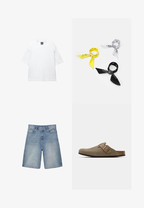 Valkoinen lyhythihainen T-paita, joka on valmistettu puuvillasta. Paita on pyöreäkauluksinen, väljästi leikattu ja suorahelmainen. Ei kuvioita eikä koristeita.; Vaaleansiniset farkkushortsit suoralinjaisella muotoilulla sisältävät viisi taskua, vetoketjukiinnityksen ja hieman haalistuneen pinnan.; Ruske läppäkorot, joilla on sileä, matta pinta. Sivulla on näkyvä pronssivöri. Korkkijalkine ja kumipohja mukavuutta varten.; Kolme bandanaa: yksi keltainen mustilla kuvioilla, yksi valkoinen mustilla kuvioilla ja yksi musta valkoisilla graafisilla kuvilla. Kaikki ovat neliöitä, kevyttä kangasta.