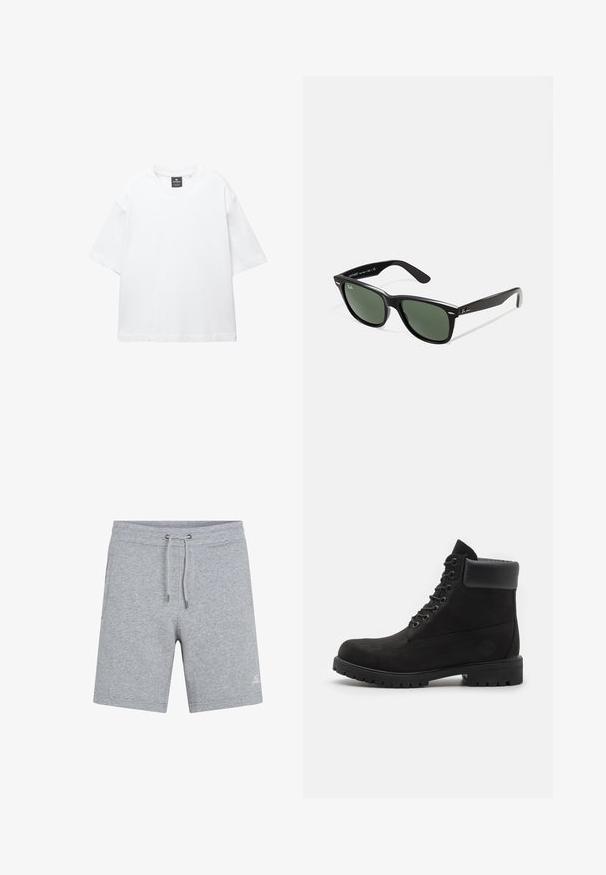 White short-sleeve t-shirt made of cotton, featuring a round neckline and relaxed fit with straight hem. No patterns or embellishments.; Gray cotton shorts with an elastic waistband and adjustable drawstring. Features side pockets and a small logo on the front left leg.; Black lace-up ankle boot with padded collar and rugged sole, shown in profile against a white background.; Black plastic sunglasses with green lenses, square frames, silver accent on the brow, and textured temple arms. Stated brand on inner arm.