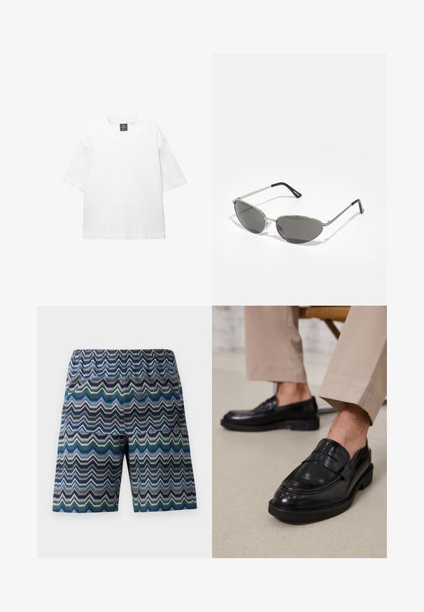 Bílý krátký rukáv tričko vyrobené z bavlny, s kulatým výstřihem a volným střihem se rovním lemem. Bez vzorů nebo zdobení.; pánské šortky s cik-cak vzorem v modré, zelené a černé. Elastický pas, délka po kolena a lehká tkanina.; Černé kožené loafers s hladkým povrchem, zdobené páskem a kontrastním prošíváním, spárované s béžovými kalhotami.; Sluneční brýle s elegantním stříbrným kovovým rámem, šedými tónovanými skly a aerodynamickým designem s ostrými hranami a tenkými nožičkami.; Urban Classics CROSS NECKLACE - Náhrdelník - silver-coloured