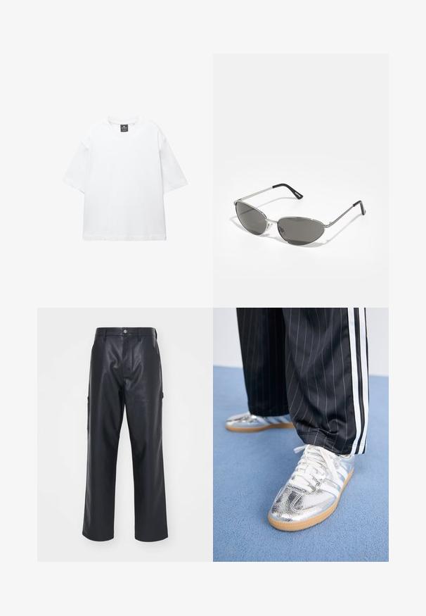 Weißes T-Shirt mit kurzen Ärmeln aus Baumwolle, das über einen Rundhalsausschnitt und einen lockeren Schnitt mit geradem Saum verfügt. Keine Muster oder Verzierungen.; Schwarze Lederhosen mit glatter Textur, weit geschnitten und mit seitlichen Taschen. Verfügt über einen Knopfverschluss und Gürtelschlaufen.; Metallisch silberne Sneaker mit weißen Schnürsenkeln und drei weißen Streifen, kombiniert mit schwarzen Nadelstreifen-Hosen. Gummisohle am Boden.; Sonnenbrille mit einem schlanken, silbernen Metallrahmen, grauen getönten Gläsern und einem aerodynamischen Design mit spitzen Kanten und dünnen Bügeln.; Schwarze gesteppte Tragetasche mit großer Öffnung, gewellten Formen auf der Oberfläche und einem Etikett mit gelber und weißer Schrift auf der Vorderseite.