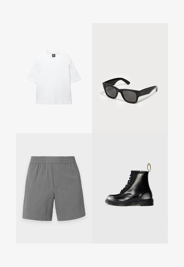 Witte t-shirt met korte mouwen van katoen, met een ronde hals en een relaxte fit met rechte zoom. Geen patronen of versieringen.; Grijze shorts met een elastische tailleband, textuurstof en rechte snit. Bevat twee zijzakken en een subtiel, gepatterd ontwerp.; Zwarte leren enkellaarzen met een glanzende afwerking, acht veterogen, zwarte veters en een trekloop. Voorzien van een getextureerde, gedetailleerde zool.; Zwarte zonnebril met een vierkant montuur, voorzien van donkere lenzen. Aangevuld met kleine gouden stippen en een gouden logo op de poot. Soepele textuur.