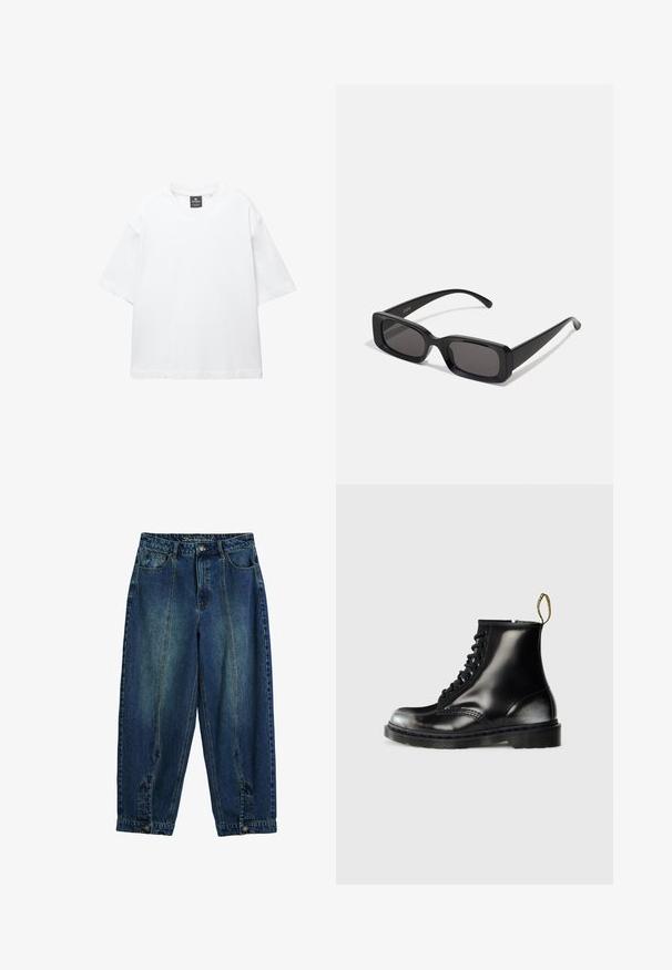 Bijela majica kratkih rukava od pamuka, s okruglim izrezom i opuštenim krojem sa ravnim rubom. Bez uzoraka ili ukrasa.; Traperice s klasičnim plavim pranjem, visokim strukom, širokim krojem, prednjim i stražnjim džepovima te kopčanjem na gumbu u struku.; Crne kožne gležnjače s sjajnom završnom obradom, osam rupa za vezanje, crne vezice i petlja za lakše obuvanje. Imaju teksturiranu potplate s uzorkom.; Crne pravokutne sunčane naočale s tamnim lećama, sjajnim završetkom, širokim drškama i masivnim okvirom. Ugraviran naziv branda na jednoj dršci.