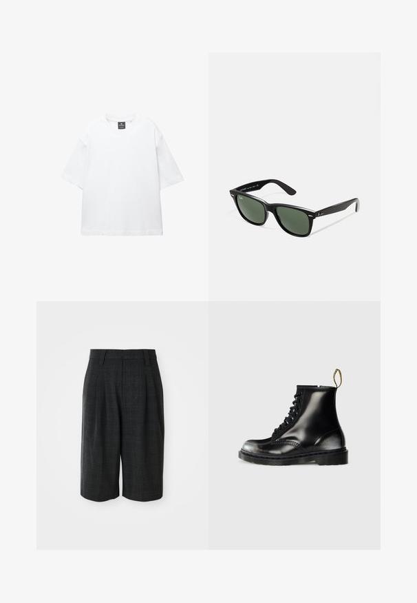 Witte t-shirt met korte mouwen van katoen, met een ronde hals en een relaxte fit met rechte zoom. Geen patronen of versieringen.; Donkergrijze knielange, op maat gemaakte shorts met subtiel ruitpatroon en riemlussen op een effen witte achtergrond.; Zwarte leren enkellaarzen met een glanzende afwerking, acht veterogen, zwarte veters en een trekloop. Voorzien van een getextureerde, gedetailleerde zool.; Zwarte plastic zonnebril met groene lenzen, vierkante montuur, zilveren accent op de wenkbrauw en een gestructureerde tempel. Merken vermeld op de binnenkant van de arm.