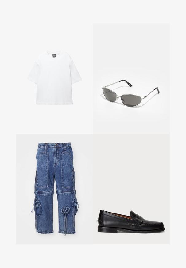 Biely krátky rukáv tričko vyrobené z bavlny, s okrúhlym výstrihom a voľným strihom so rovnomerným lemovaním. Bez vzorov alebo ozdôb.; Modré džínsové cargo nohavice s viacerými vreckami, akcentami na šnúrku a voľným strihom. Vyznačujú sa vyblednutou textúrou a gombíkovým zapínaním.; Čierne kožené mokasíny s okrúhlym nosom, prešívaním a dekoratívnym remienkom vpredu. Plochá podrážka s minimálnym profilom.; Slnečné okuliare s elegantným, strieborným kovovým rámom, sivými tónovanými sklami a aerodynamickým dizajnom s ostrými hranami a tenkými rámikmi.