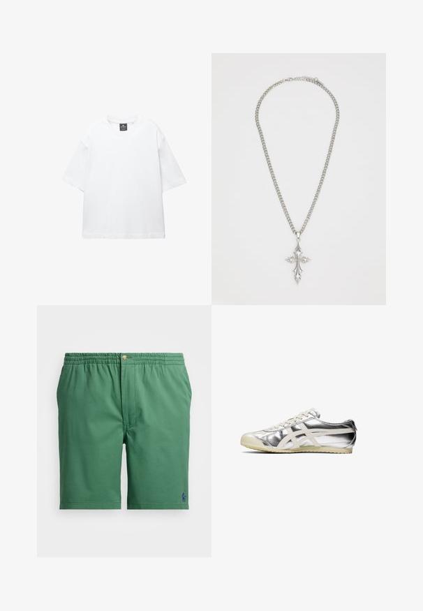 Biała krótka koszulka z krótkim rękawem, wykonana z bawełny, z okrągłym dekoltem i luźnym fasonem oraz prostym dołem. Bez wzorów ani ozdób.; Zielone bawełniane szorty z elastycznym paskiem w talii, ozdobione złotym guzikiem, zamkiem błyskawicznym z przodu oraz małym niebieskim logo w dolnym lewym rogu.; Srebrne metaliczne sneakersy z białymi akcentami i sznurowadłami. Posiadają teksturowaną powierzchnię, zaokrąglony czubek i gumową podeszwę z wzorem zapewniającym przyczepność.; Srebrny naszyjnik łańcuszkowy z dużym, ozdobnym wisiorem w kształcie krzyża, z ostrymi detalami i polerowanym wykończeniem. Łańcuszek jest gruby i płaski.