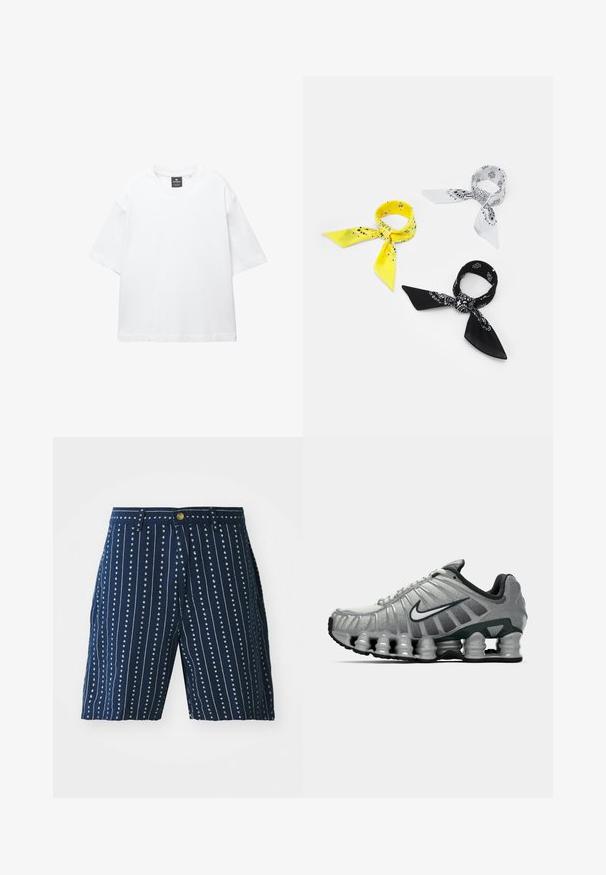 Valkoinen lyhythihainen T-paita, joka on valmistettu puuvillasta. Paita on pyöreäkauluksinen, väljästi leikattu ja suorahelmainen. Ei kuvioita eikä koristeita.; Laivaston siniset shortsit, joissa on pystysuorat valkoiset raidat ja pieniä sydäntokuvioita. Varustettu nappikiinnityksellä ja vyölenkeillä. Valmistettu kevyestä kankaasta.; Harmaa ja musta Nike-juoksukenkä, jossa on näkyvää jousimaista vaimennusta pohjan alla ja valkoinen swoosh-logo sivulla.; Kolme bandanaa: yksi keltainen mustilla kuvioilla, yksi valkoinen mustilla kuvioilla ja yksi musta valkoisilla graafisilla kuvilla. Kaikki ovat neliöitä, kevyttä kangasta.; Valkoinen helminauha, jossa on hopeaklipsi, jossa on brändin nimi. Jokainen helmi on sileä ja pyöreä, koottu tasaiseksi järjestykseksi.