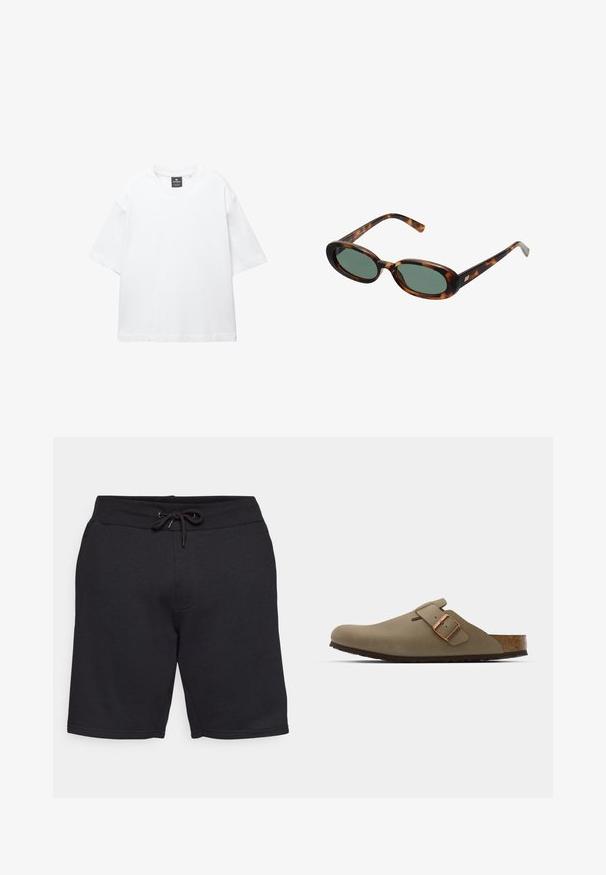 White short-sleeve t-shirt made of cotton, featuring a round neckline and relaxed fit with straight hem. No patterns or embellishments.; Black cotton shorts with an elastic waistband and drawstring. Features side pockets and a smooth texture with stitched seams.; Brown clogs with a smooth, matte finish. Features a prominent bronze buckle on the side. Cork footbed and rubber outsole for comfort.; Tortoiseshell sunglasses with oval frames and green lenses. Features thin arms with a metallic accent near the hinges.