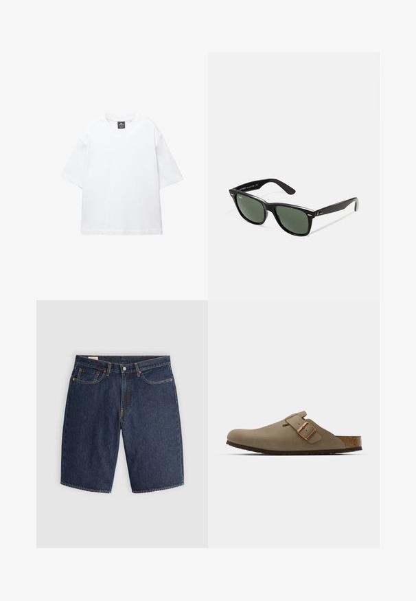 Vit kortärmad t-shirt i bomull, med rund halsringning och avslappnad passform med rak nederkant. Inga mönster eller dekorationer.; Jeansshorts i mörkblått, med en klassisk design som har fem fickor, sydda sömmar, en knappstängning och rundade bakfickor.; Bruna träklackar med en slät, matt yta. Har en framträdande bronsspänne på sidan. Korkfotbädd och gummisula för komfort.; Svarta plastsolglasögon med gröna linser, fyrkantiga bågar, silverdetalj på ögonbrynet och texturerade skalmar. Angiven märkning på den inre skalmen.