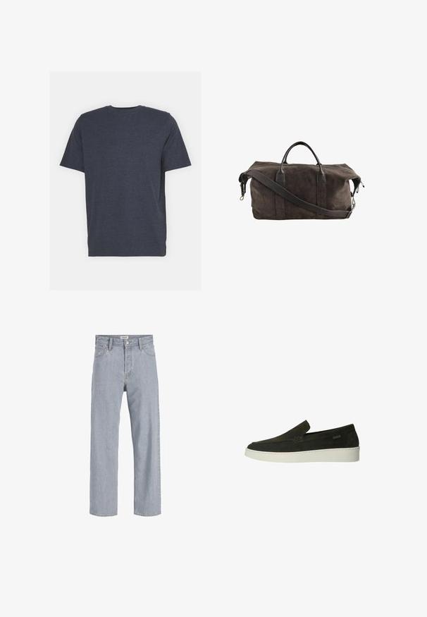 T-shirt a girocollo blu navy realizzato in morbido tessuto misto cotone, con maniche corte e vestibilità regolare. Nessun motivo o accento visibile.; Jeans in denim azzurro chiaro con vestibilità rilassata, design a gamba dritta, cuciture visibili, due tasche frontali e chiusura con bottone.; Manfield Scarpe senza lacci - grün; Borsa duffel in suede marrone scuro con manici in pelle e una tracolla regolabile, dotata di chiusura a cerniera superiore.