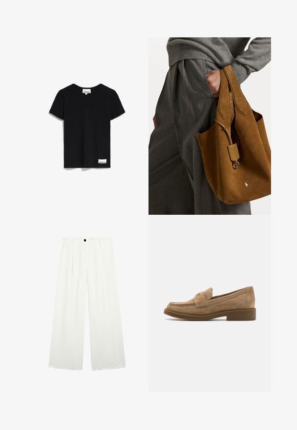 Zwarte t-shirt met korte mouwen van gladde katoenstof. Heeft een ronde halslijn en een klein label aan de onderkant met de tekst "ARMEDANGELS".; Wijd uitlopende broeken van witte stof, met een enkele zwarte knop bij de taille, twee frontzakken en een gladde, strakke textuur.; Beige suède loafers met een ronde neus, decoratieve stiksels en een lage, stevige rubberen hak voor extra grip en comfort.; Bruine suède tote bag met een ronde vorm, dubbele handvatten en een metalen hardware accent. Heeft een klein logo aan de voorkant.