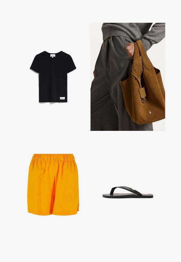 Black short-sleeve t-shirt made of smooth cotton fabric. Features a round neckline and a small label at the bottom with "ARMEDANGELS" text.; Orange cotton shorts with an elastic waistband, featuring a loose fit and a simple, unembellished design.; Black flip-flop sandal with a flat sole, textured black insole, smooth straps, and a small gold accent near the toe post.; Brown suede tote bag with rounded shape, dual handles, and a metal hardware accent. Features a small logo on the front.