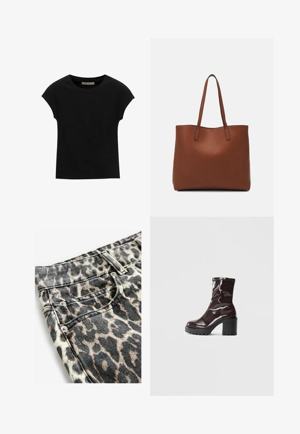 T-shirt noir à manches courtes avec un col rond. Confectionné en coton lisse et extensible. Design simple sans motifs ni graphismes.; Jean imprimé animal avec un motif beige et noir, fabriqué en denim avec une finition texturée, agrémenté d'accastillage et de coutures en argent.; Bottines bordeaux brillantes à talon épais noir, avec une texture lisse et un design simple. Aucune fermeture visible ni motifs.; Sac fourre-tout en cuir marron avec une texture lisse, design à ouverture supérieure et deux poignées pour le porter à l'épaule. Présente des coutures minimales et aucun matériel visible.