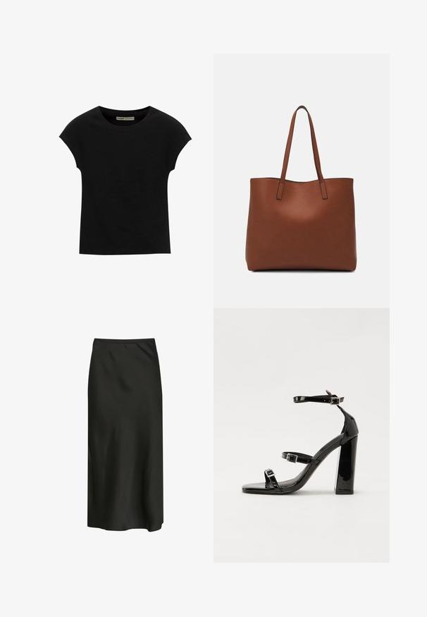 T-shirt noir à manches courtes avec un col rond. Confectionné en coton lisse et extensible. Design simple sans motifs ni graphismes.; Jupe midi noire fabriquée en tissu lisse et léger. Présente un design simple avec une taille élastique et une légère brillance.; Sandales à talons vernies noires avec un bout carré, des sangles autour de la cheville et des boucles en argent. Dotées d'un talon bloc épais pour plus de stabilité.; Sac fourre-tout en cuir marron avec une texture lisse, design à ouverture supérieure et deux poignées pour le porter à l'épaule. Présente des coutures minimales et aucun matériel visible.