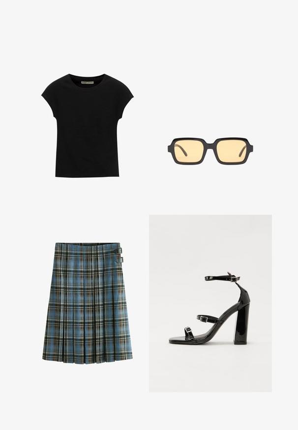 Maglietta nera a maniche corte con scollo rotondo. Realizzata in tessuto di cotone liscio ed elastico. Design semplice senza motivi o grafiche.; Gonna a quadri in tonalità di blu, marrone e nero. Presenta delle pieghe e due dettagli con fibbie nere in vita. Realizzata in tessuto intrecciato.; Sandali con tacco in vernice nera, con punta squadrata, cinturini alla caviglia e fibbie in argento. Presentano un tacco a blocco spesso per maggiore stabilità.; Occhiali da sole neri a forma rettangolare con lenti gialle, montatura leggera e angoli distintivi sui templi. Finitura liscia e lucida.; Borsa tote in pelle nera con texture liscia, forma rettangolare e due manici lunghi. Nessun hardware o decorazione visibile.